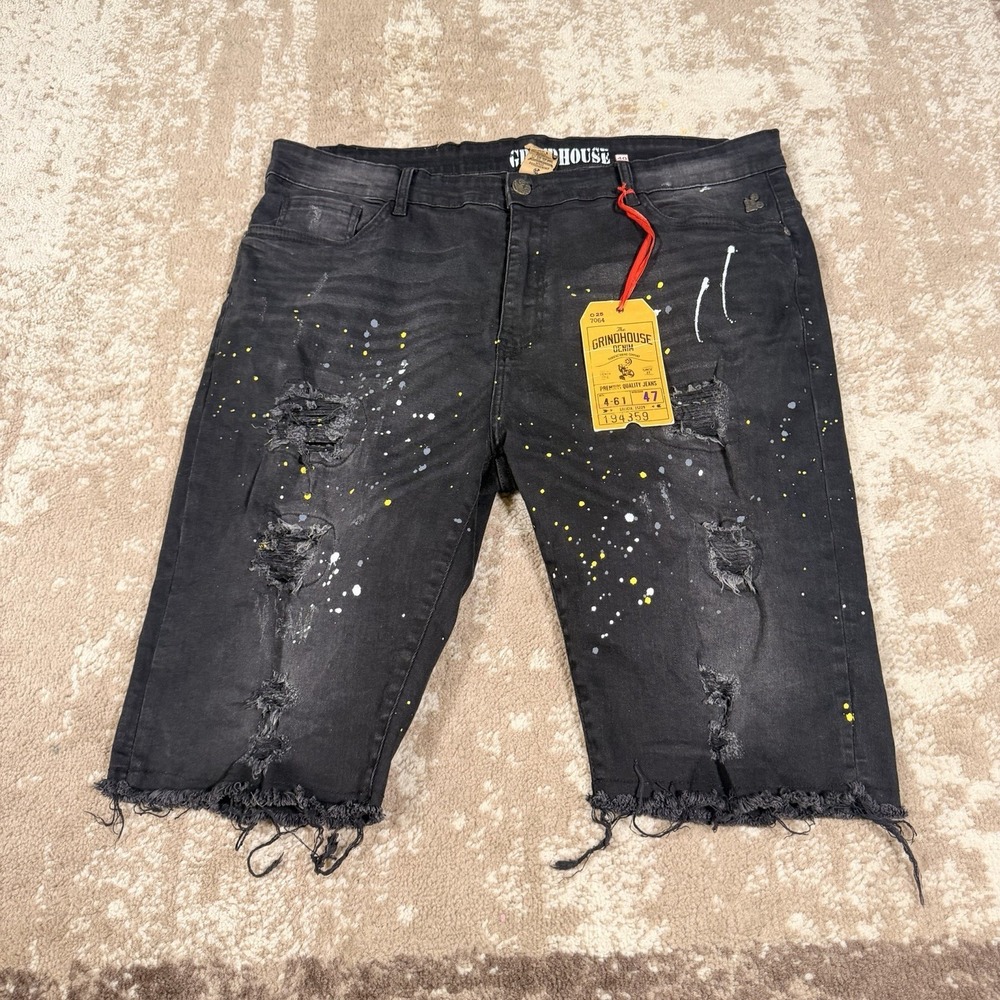 Grindhouse Denim Mens 40 Distressed Shorts Black Paint Splatter Y2K Grunge